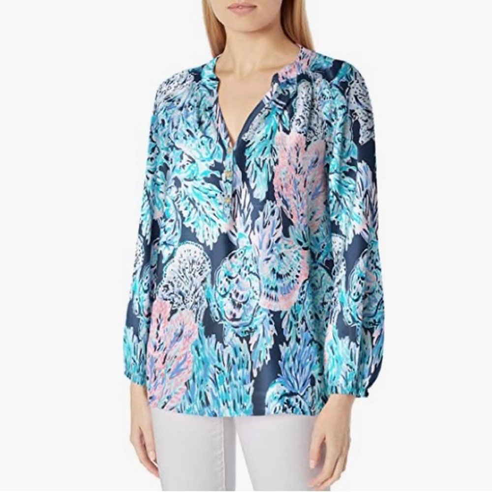 Lilly Pulitzer Elsa Top in High Tide Navy Party in Paradise, XL